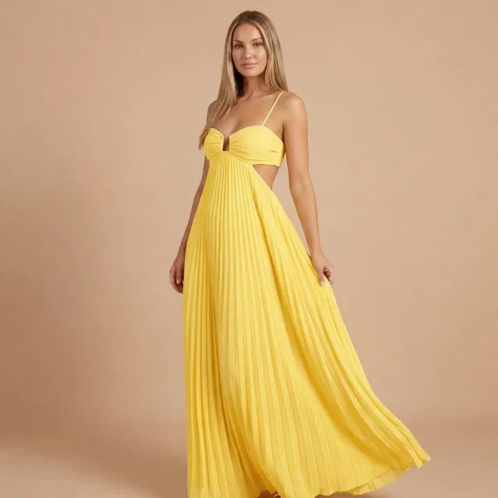 Women's Elegant Pleated Maxi Wedding Guest Dress with Halter