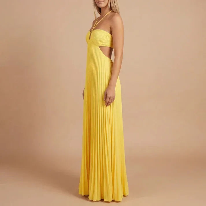Women's Elegant Pleated Maxi Wedding Guest Dress with Halter