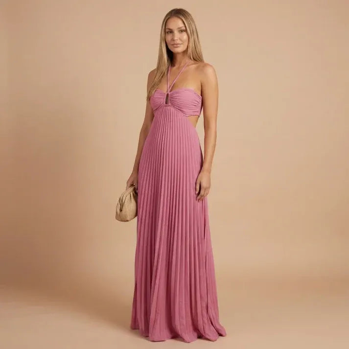 Women's Elegant Pleated Maxi Wedding Guest Dress with Halter