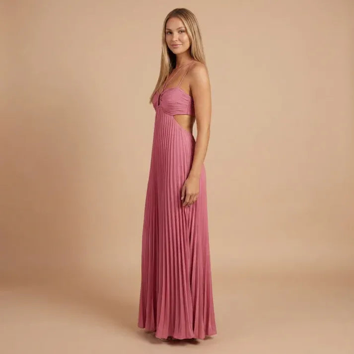 Women's Elegant Pleated Maxi Wedding Guest Dress with Halter
