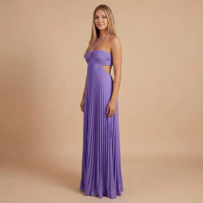 Women's Elegant Pleated Maxi Wedding Guest Dress with Halter