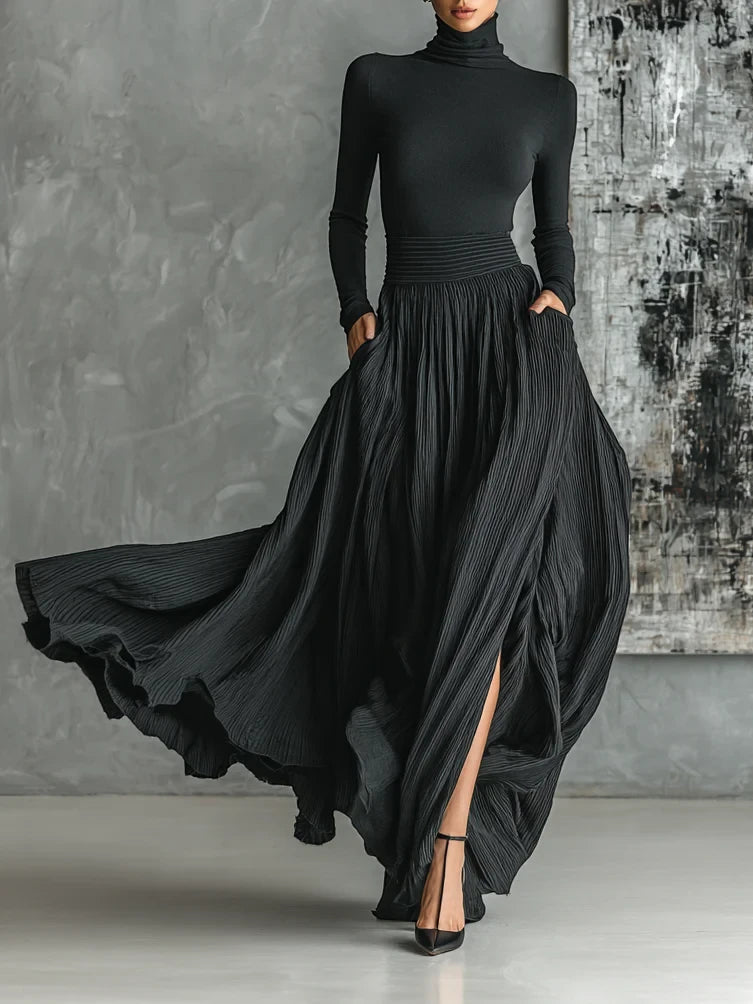 Women's Elegant Pleated Maxi Wedding Guest Dress with High Neck