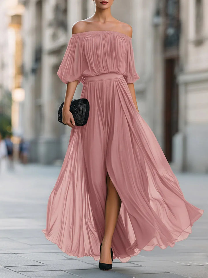 Women's Elegant Pleated Maxi Wedding Guest Dress with Off Shoulder