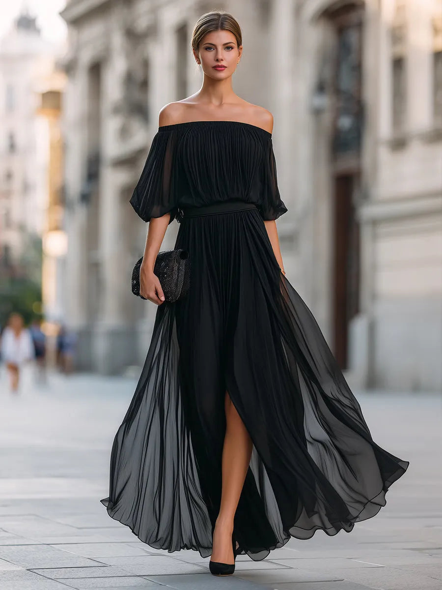 Women's Elegant Pleated Maxi Wedding Guest Dress with Off Shoulder