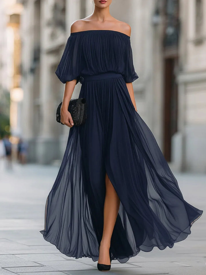 Women's Elegant Pleated Maxi Wedding Guest Dress with Off Shoulder