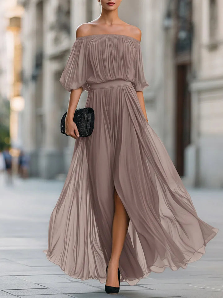 Women's Elegant Pleated Maxi Wedding Guest Dress with Off Shoulder