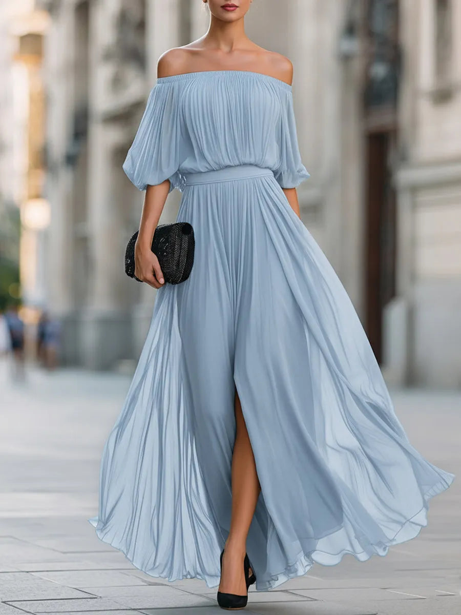 Women's Elegant Pleated Maxi Wedding Guest Dress with Off Shoulder