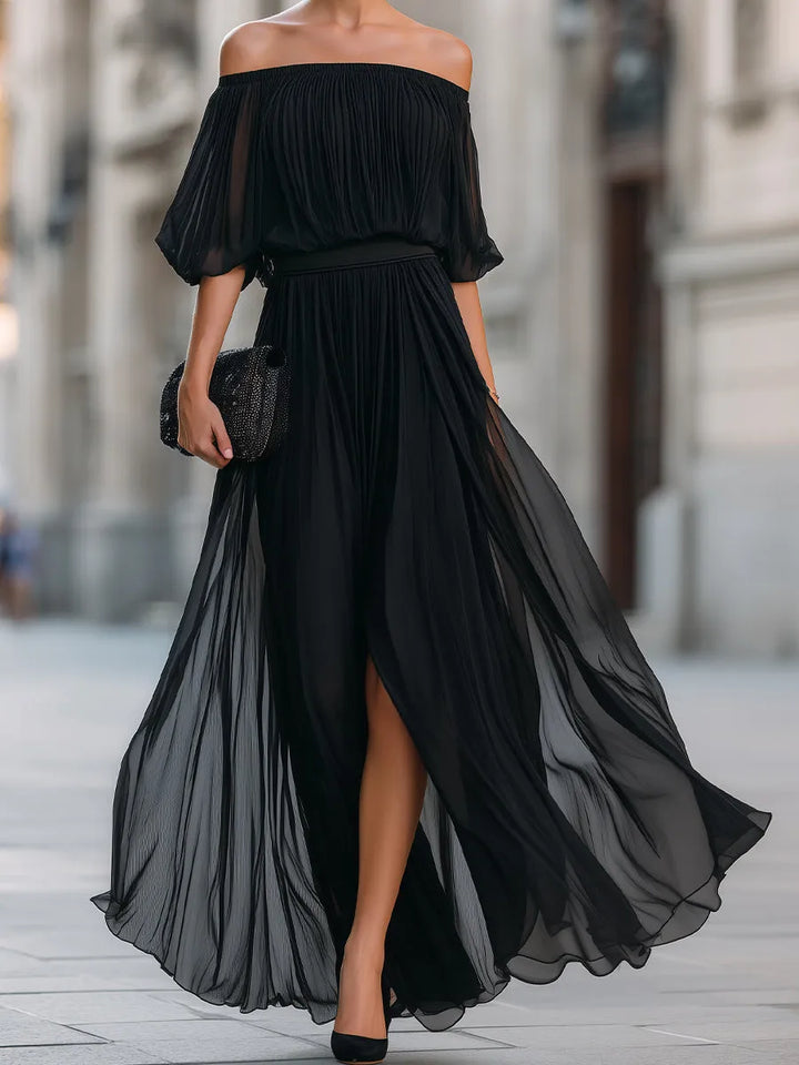 Women's Elegant Pleated Maxi Wedding Guest Dress with Off Shoulder