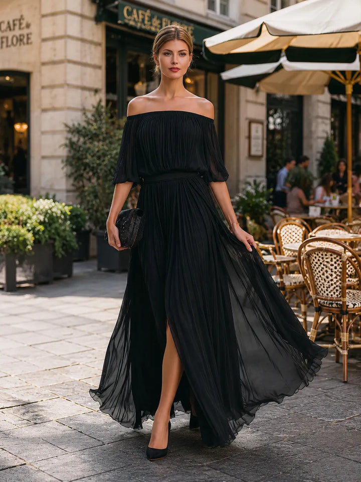 Women's Elegant Pleated Maxi Wedding Guest Dress with Off Shoulder