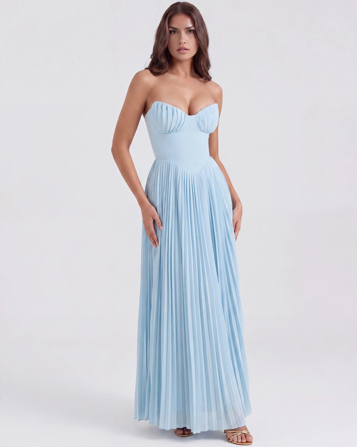 Women's Elegant Pleated Maxi Wedding Guest Dress with Sweetheart Neckline 