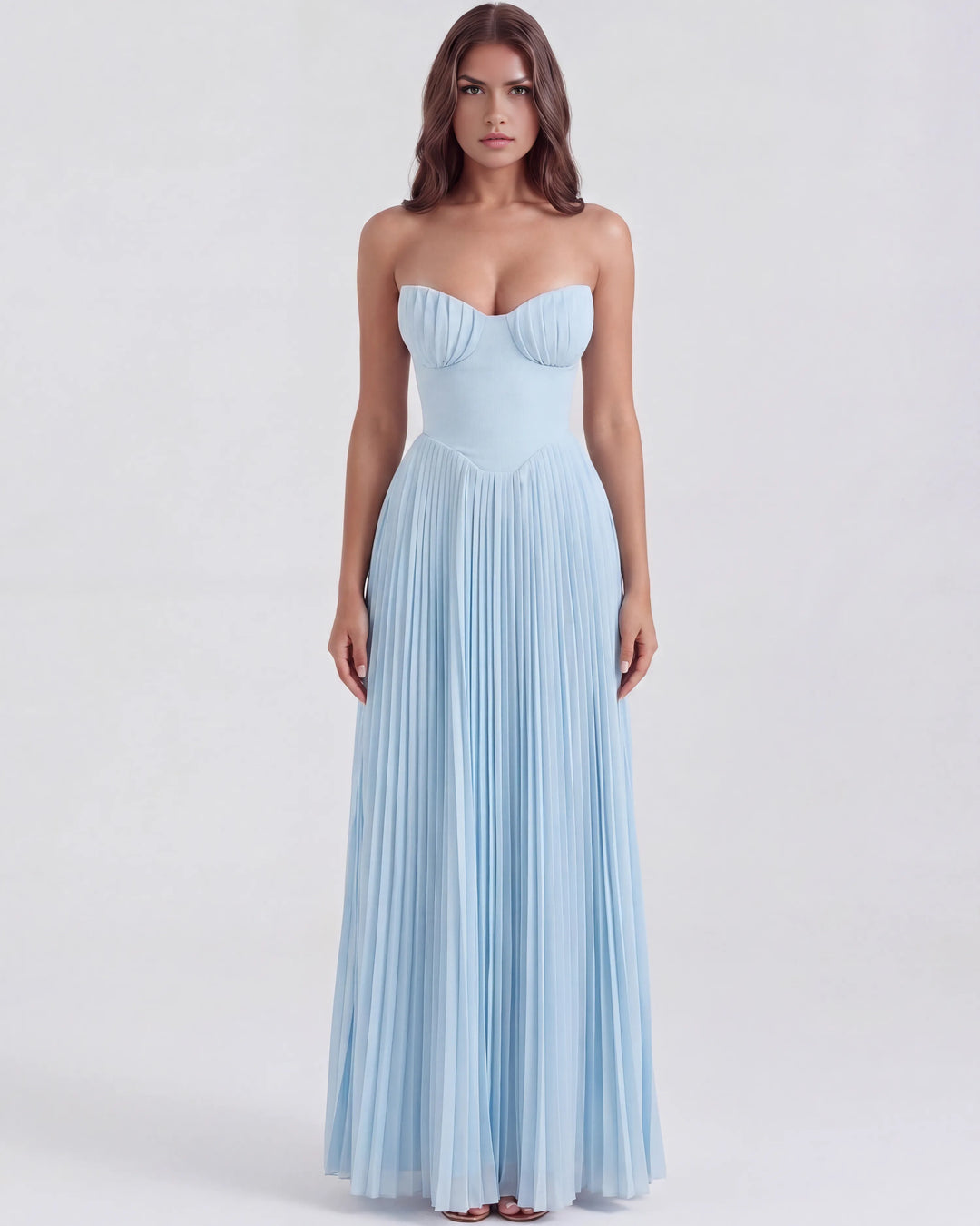 Women's Elegant Pleated Maxi Wedding Guest Dress with Sweetheart Neckline 