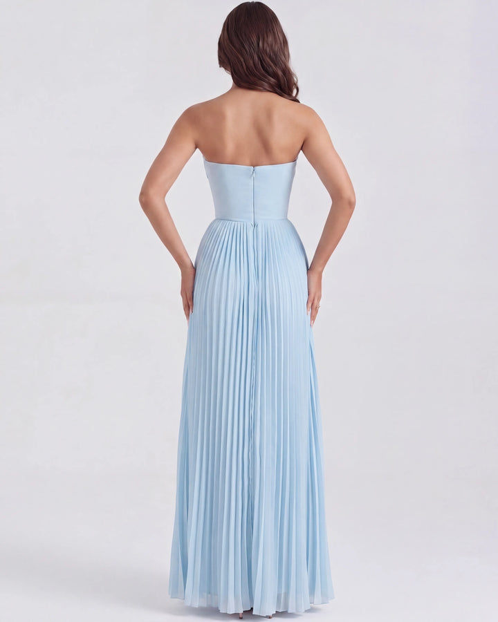 Women's Elegant Pleated Maxi Wedding Guest Dress with Sweetheart Neckline 
