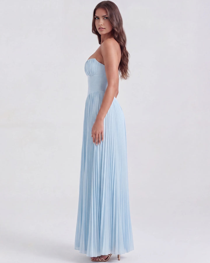 Women's Elegant Pleated Maxi Wedding Guest Dress with Sweetheart Neckline 