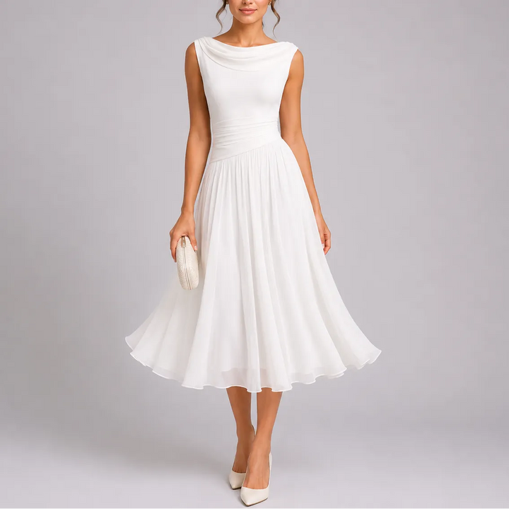 Women's Elegant Pleated Midi Dress with Draped Neckline