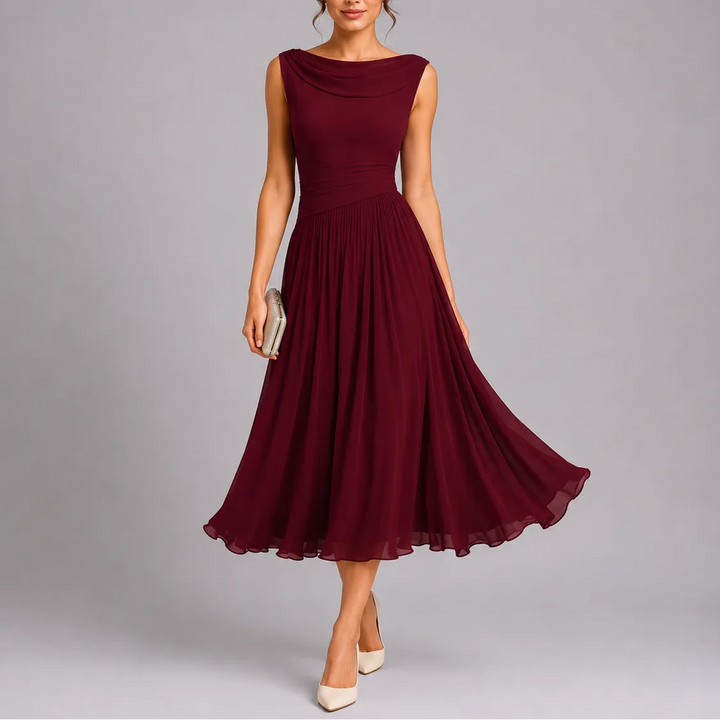 Women's Elegant Pleated Midi Dress with Draped Neckline