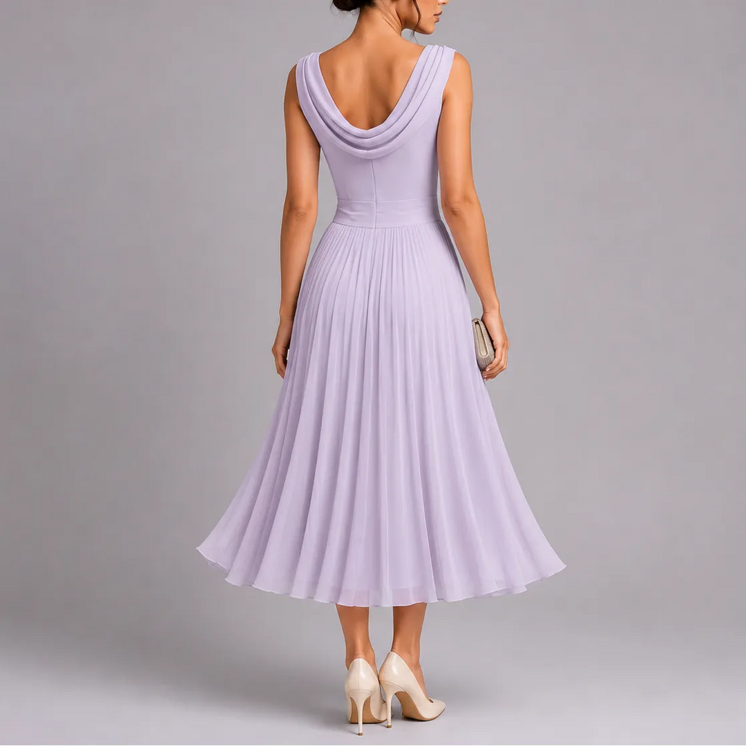 Women's Elegant Pleated Midi Dress with Draped Neckline