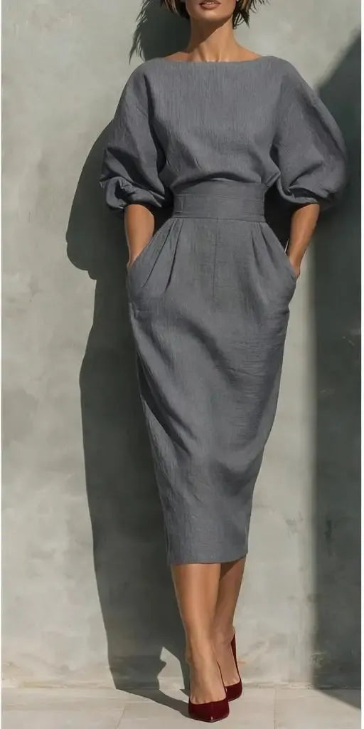 Women's Elegant Pleated Midi Wedding Guest Dresses with Puff Sleeve
