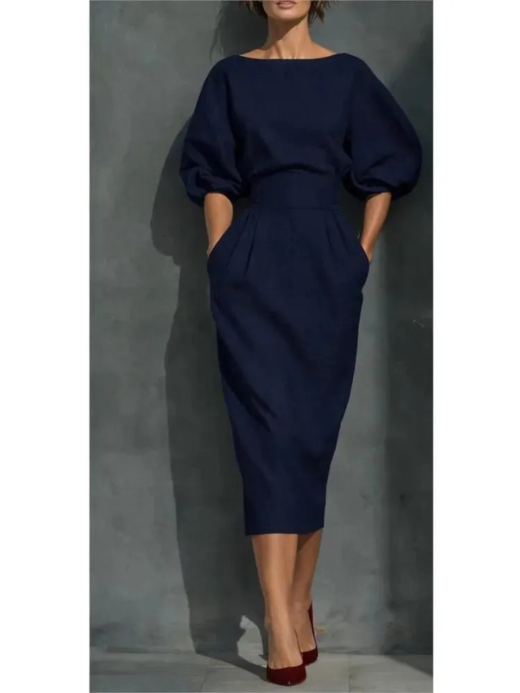 Women's Elegant Pleated Midi Wedding Guest Dresses with Puff Sleeve