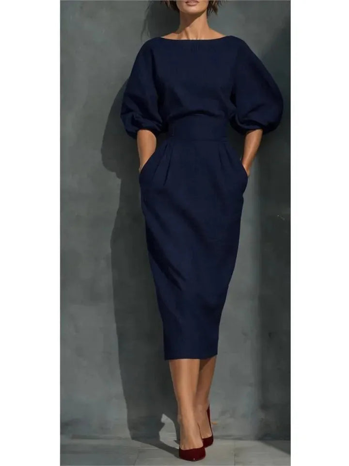 Women's Elegant Pleated Midi Wedding Guest Dresses with Puff Sleeve