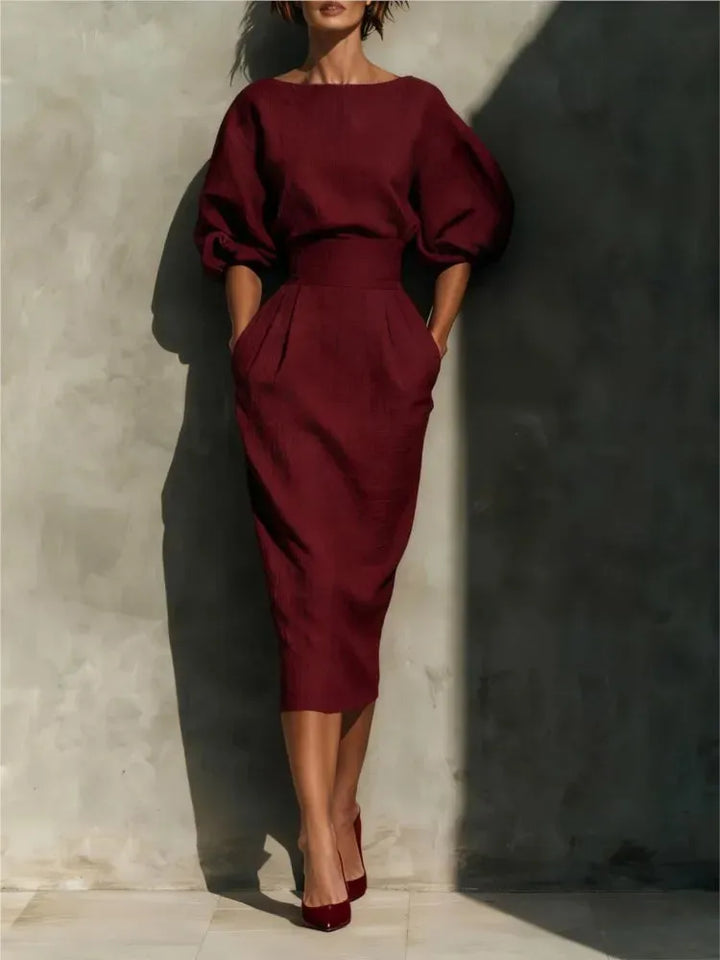Women's Elegant Pleated Midi Wedding Guest Dresses with Puff Sleeve