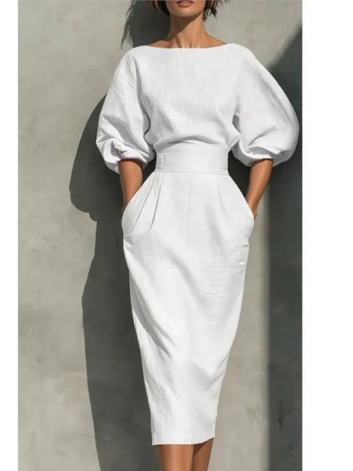 Women's Elegant Pleated Midi Wedding Guest Dresses with Puff Sleeve