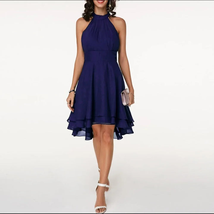 Women's Elegant Pleated Midi Wedding Guest Dress with Halter Neck