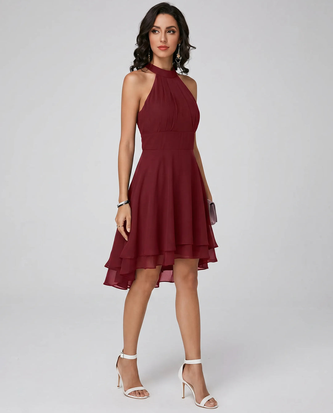 Women's Elegant Pleated Midi Wedding Guest Dress with Halter Neck