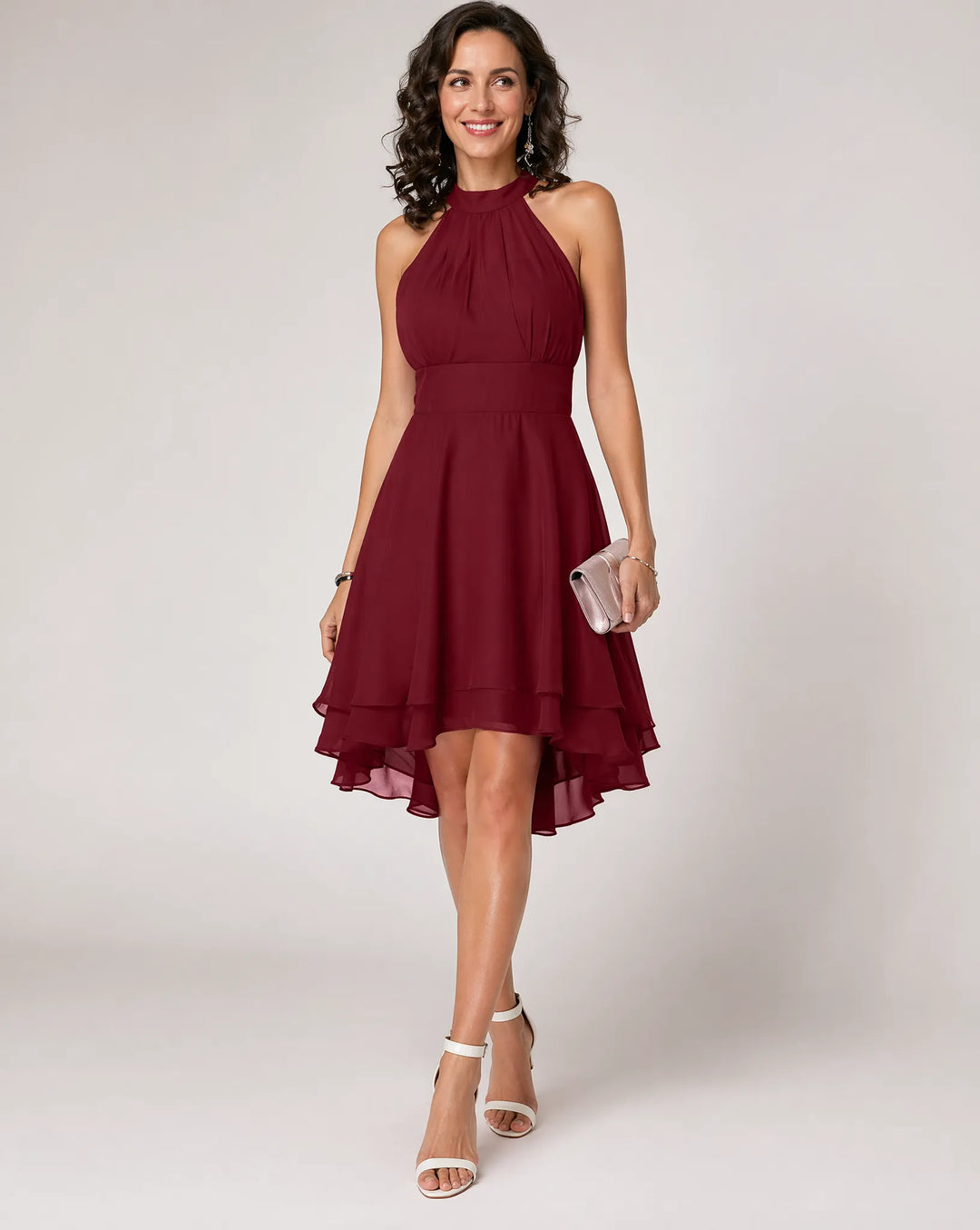 Women's Elegant Pleated Midi Wedding Guest Dress with Halter Neck