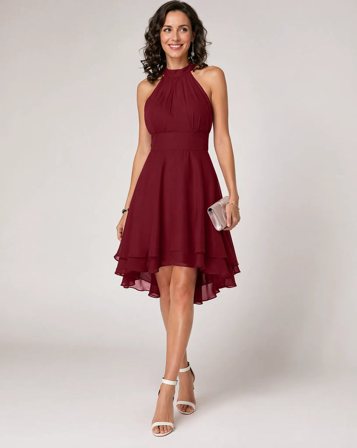 Women's Elegant Pleated Midi Wedding Guest Dress with Halter Neck