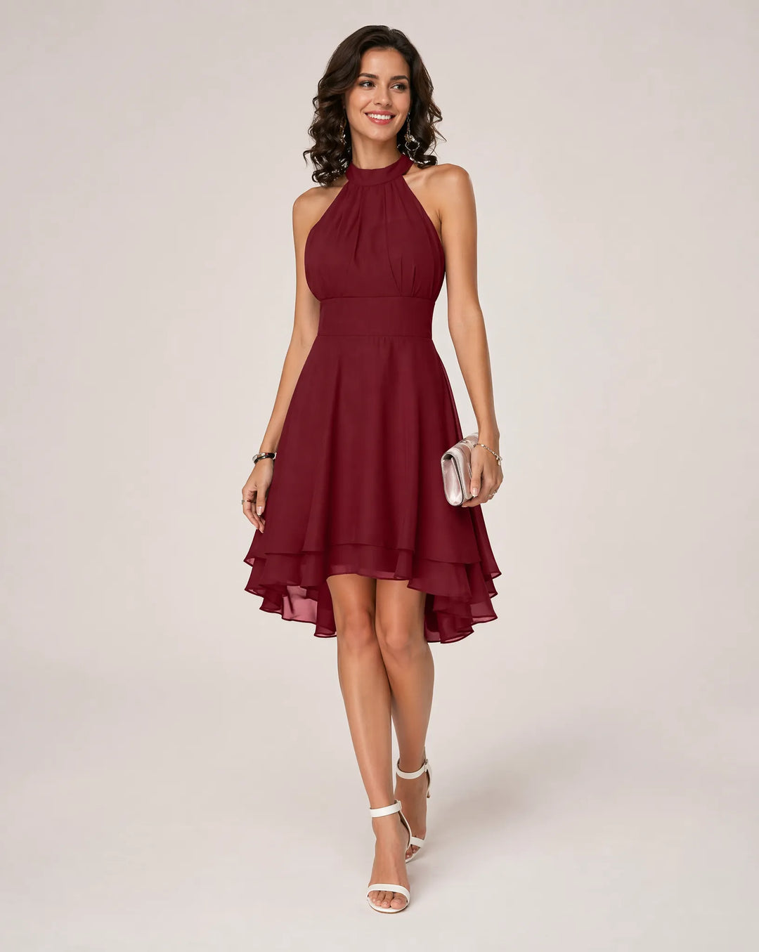 Women's Elegant Pleated Midi Wedding Guest Dress with Halter Neck