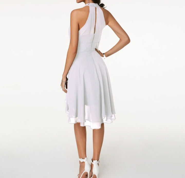 Women's Elegant Pleated Midi Wedding Guest Dress with Halter Neck