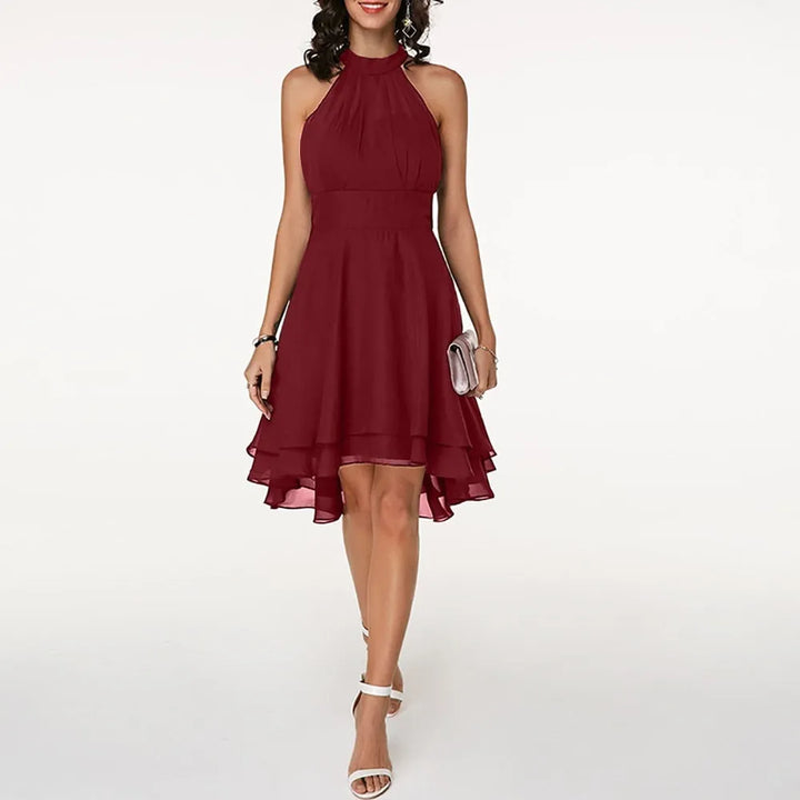 Women's Elegant Pleated Midi Wedding Guest Dress with Halter Neck