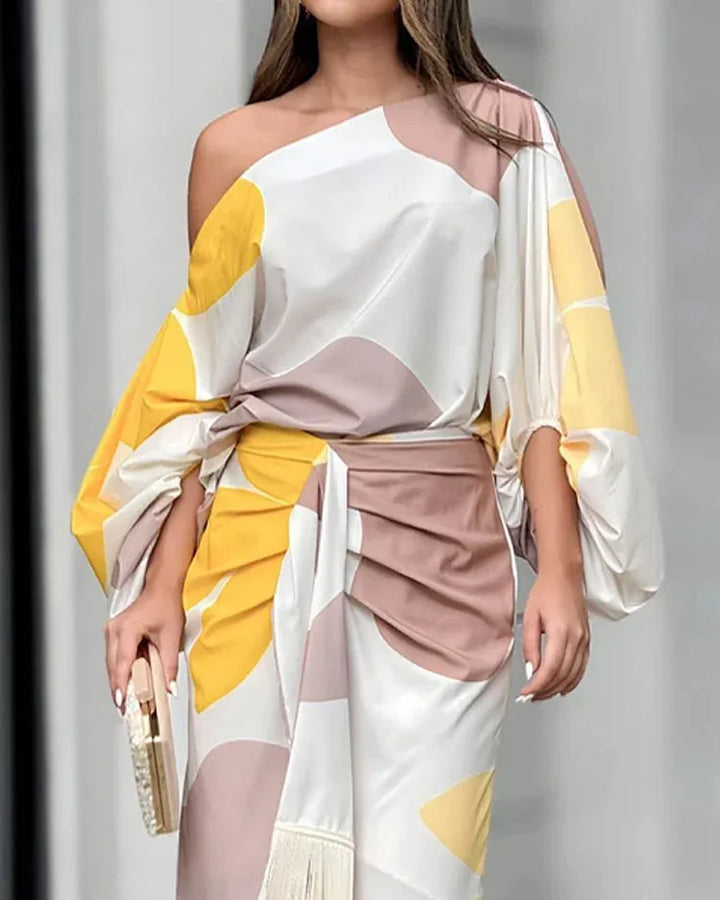 Women's Elegant Puff Sleeve Midi Wedding Guest Dress with One Shoulder