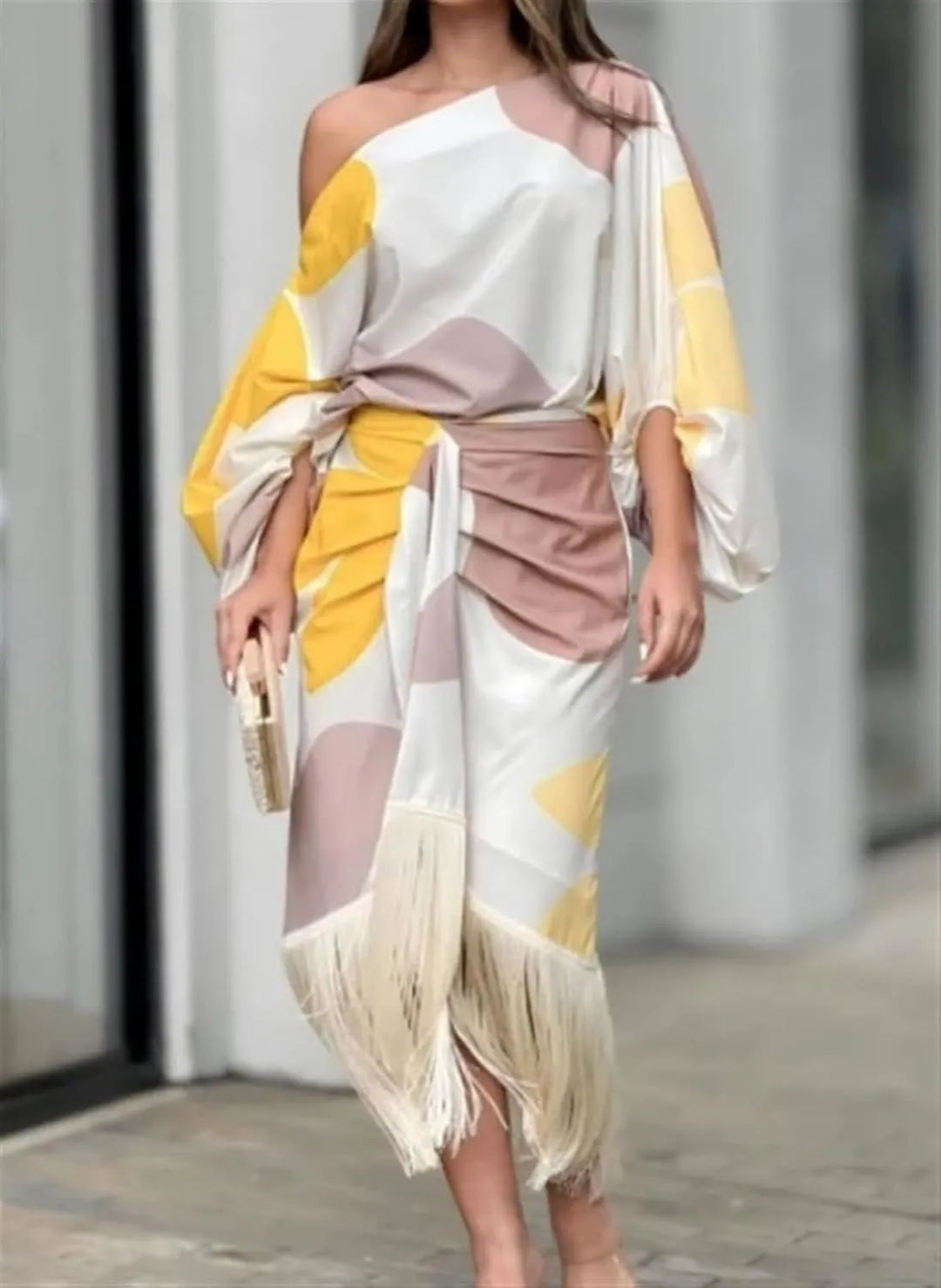 Women's Elegant Puff Sleeve Midi Wedding Guest Dress with One Shoulder
