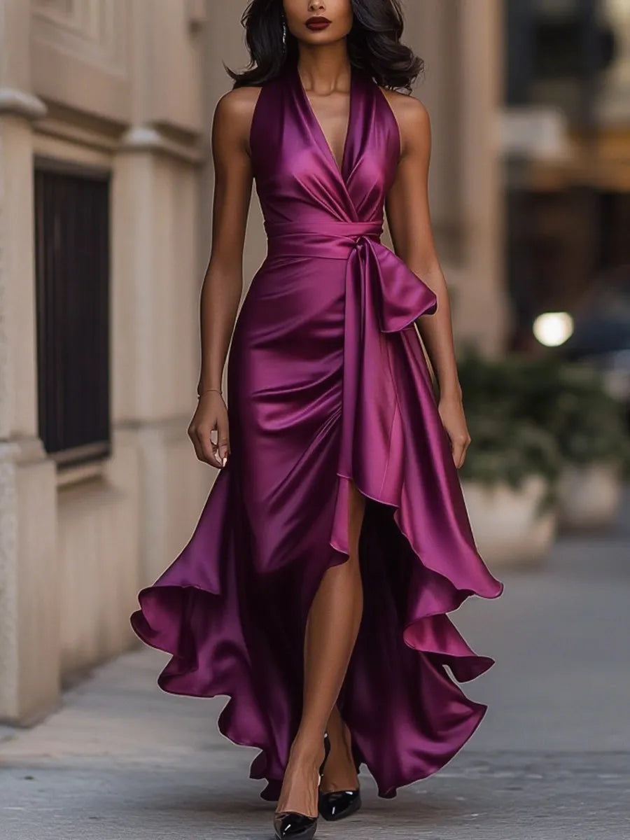 Women's Elegant Ruffle Maxi Wedding Guest Dress with Halter Neck
