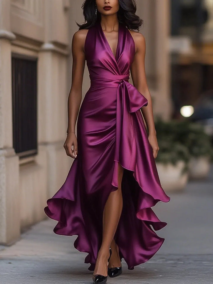 Women's Elegant Ruffle Maxi Wedding Guest Dress with Halter Neck