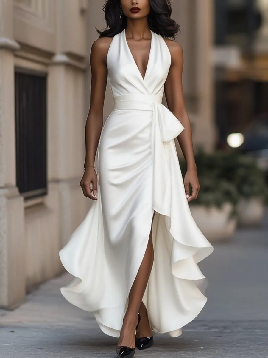 Women's Elegant Ruffle Maxi Wedding Guest Dress with Halter Neck