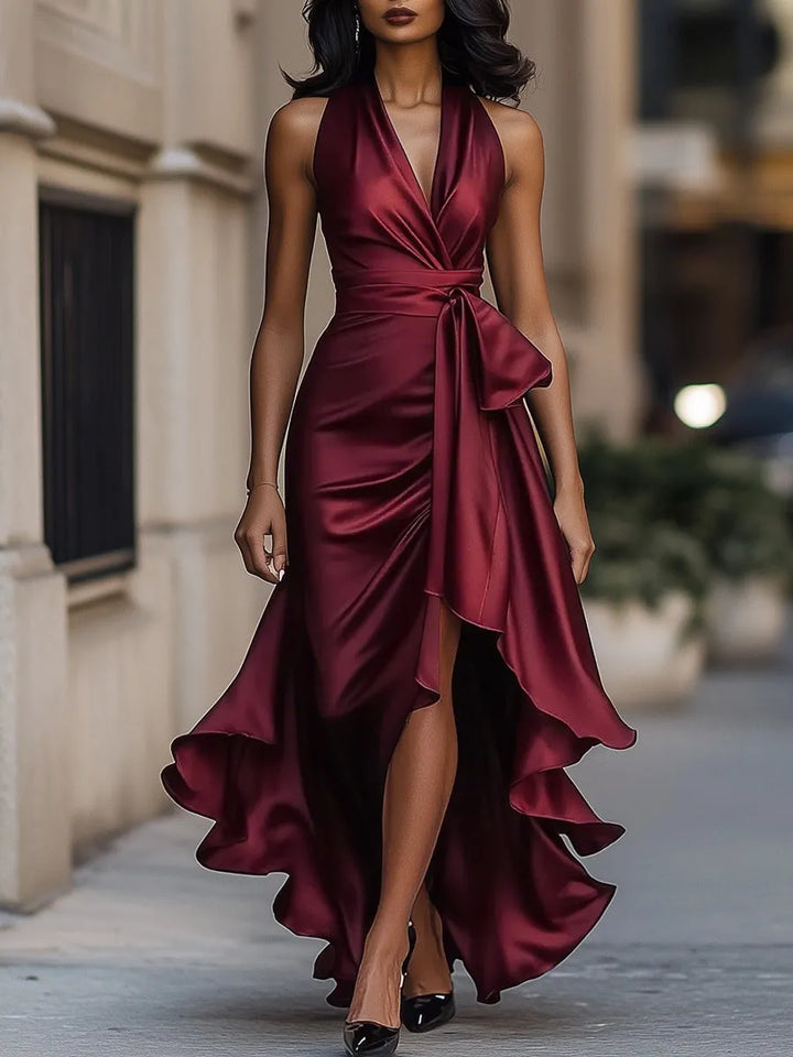 Women's Elegant Ruffle Maxi Wedding Guest Dress with Halter Neck