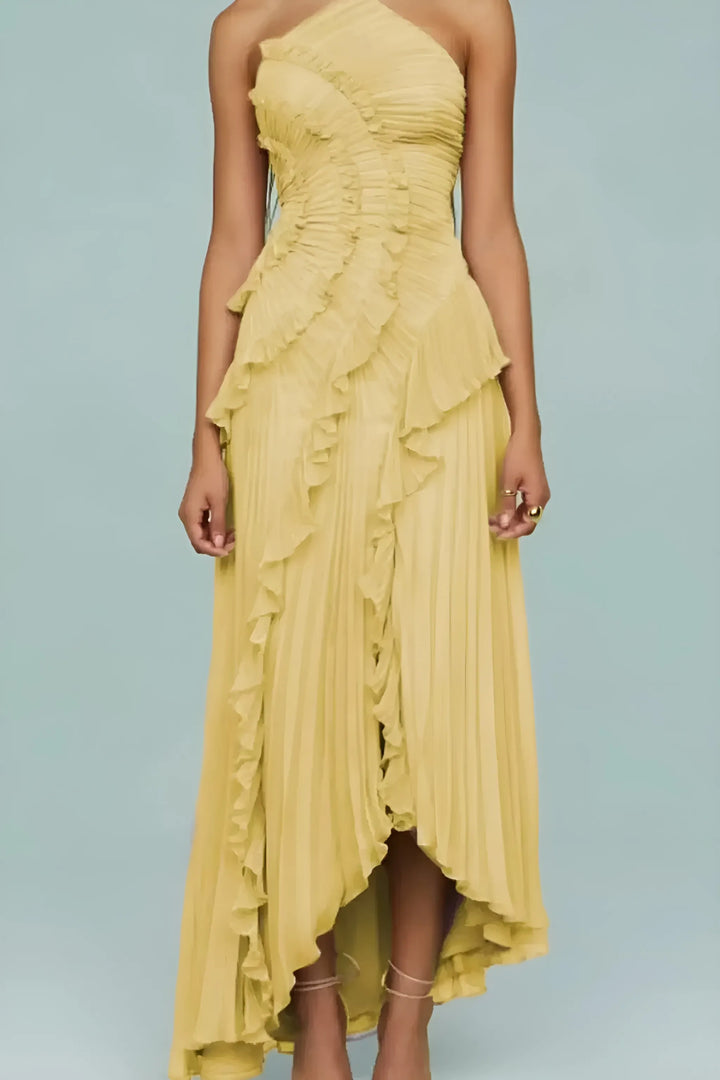 Women's Elegant Ruffle Maxi Wedding Guest Dress with Open Back