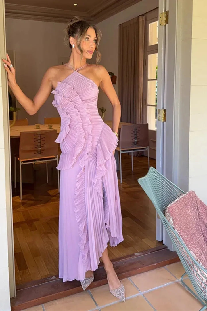 Women's Elegant Ruffle Maxi Wedding Guest Dress with Open Back