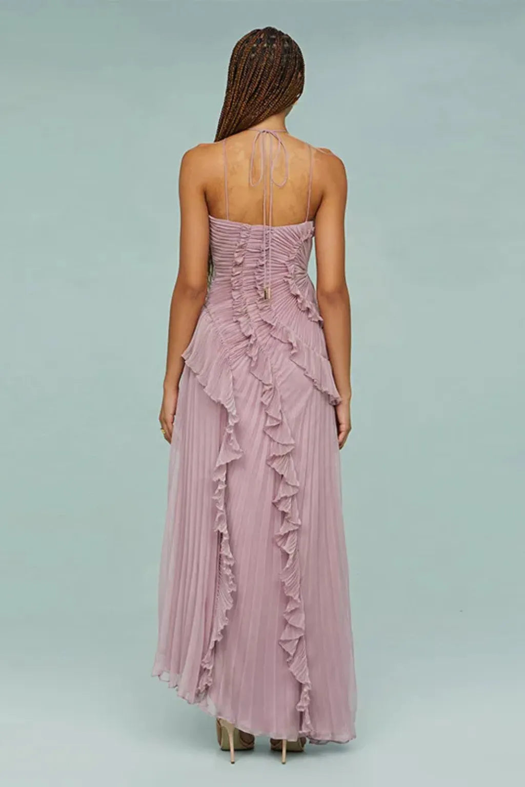 Women's Elegant Ruffle Maxi Wedding Guest Dress with Open Back