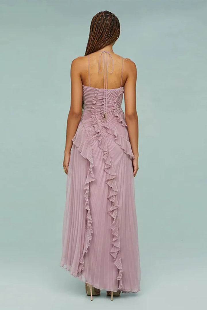 Women's Elegant Ruffle Maxi Wedding Guest Dress with Open Back