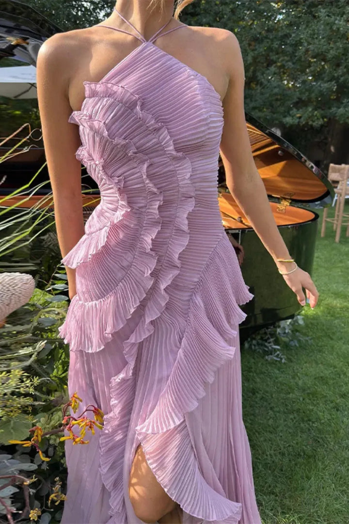Women's Elegant Ruffle Maxi Wedding Guest Dress with Open Back