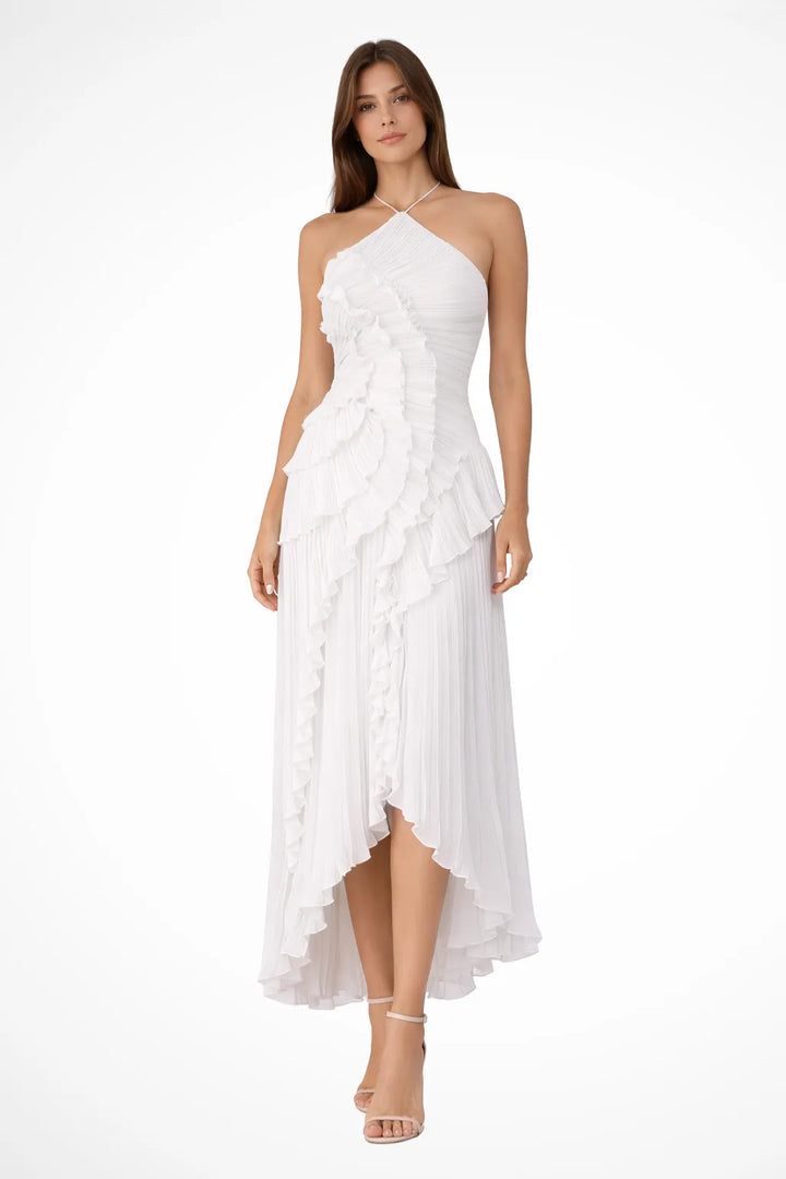 Women's Elegant Ruffle Maxi Wedding Guest Dress with Open Back