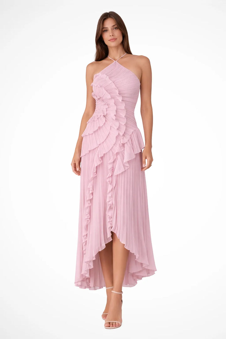 Women's Elegant Ruffle Maxi Wedding Guest Dress with Open Back