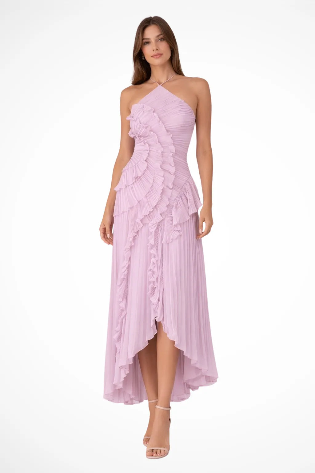 Women's Elegant Ruffle Maxi Wedding Guest Dress with Open Back
