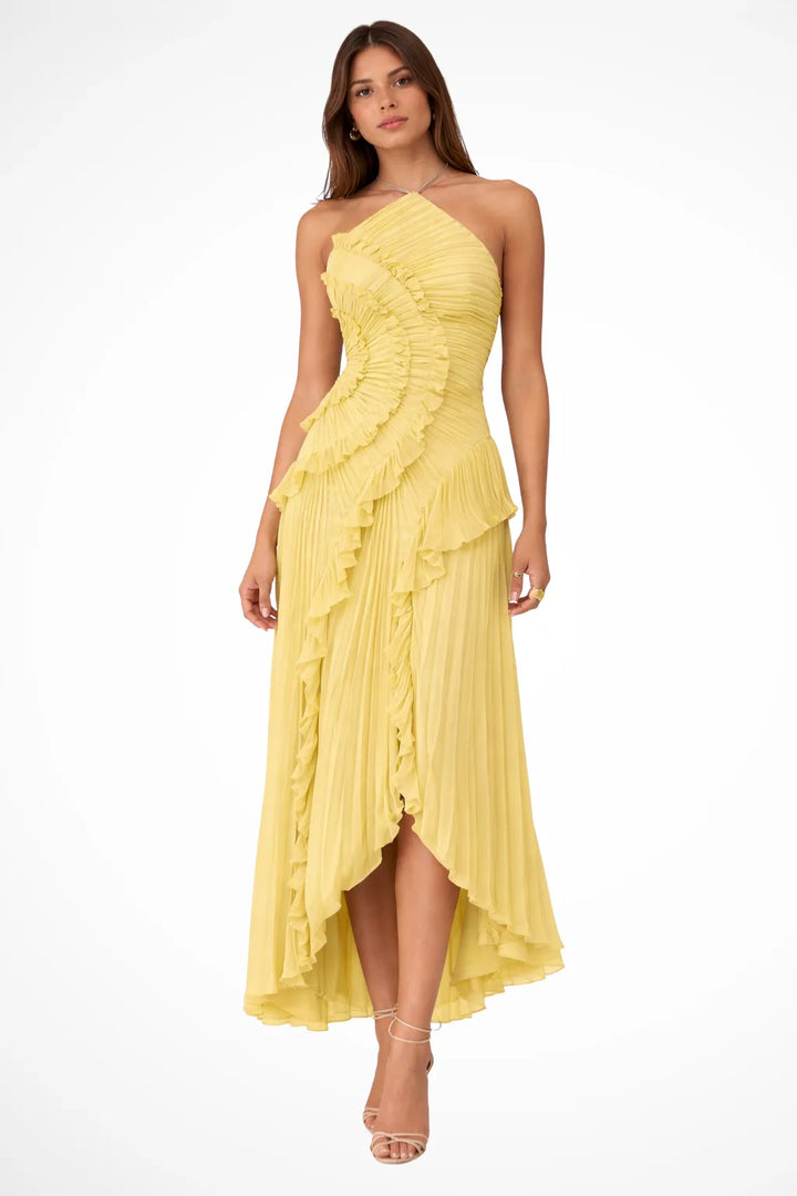 Women's Elegant Ruffle Maxi Wedding Guest Dress with Open Back