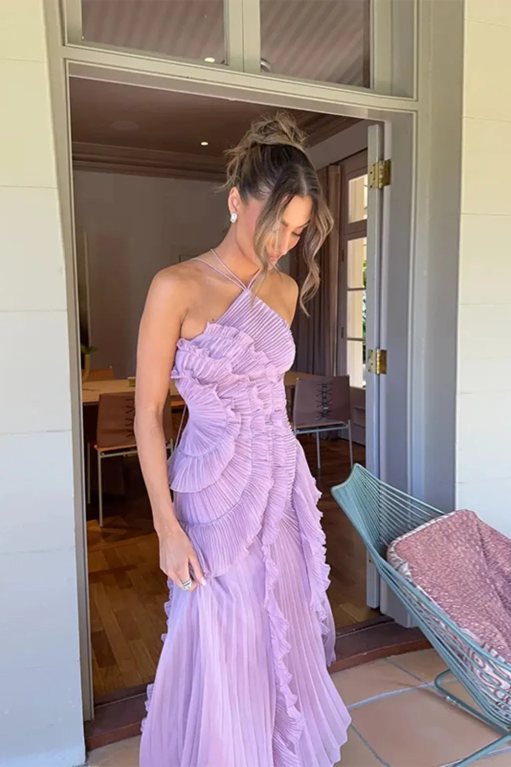 Women's Elegant Ruffle Maxi Wedding Guest Dress with Open Back