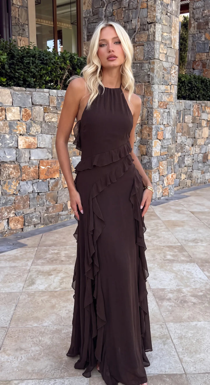 Women's Elegant Ruffle Maxi Wedding Guest Dress with Slit