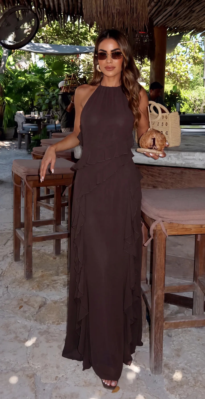 Women's Elegant Ruffle Maxi Wedding Guest Dress with Slit